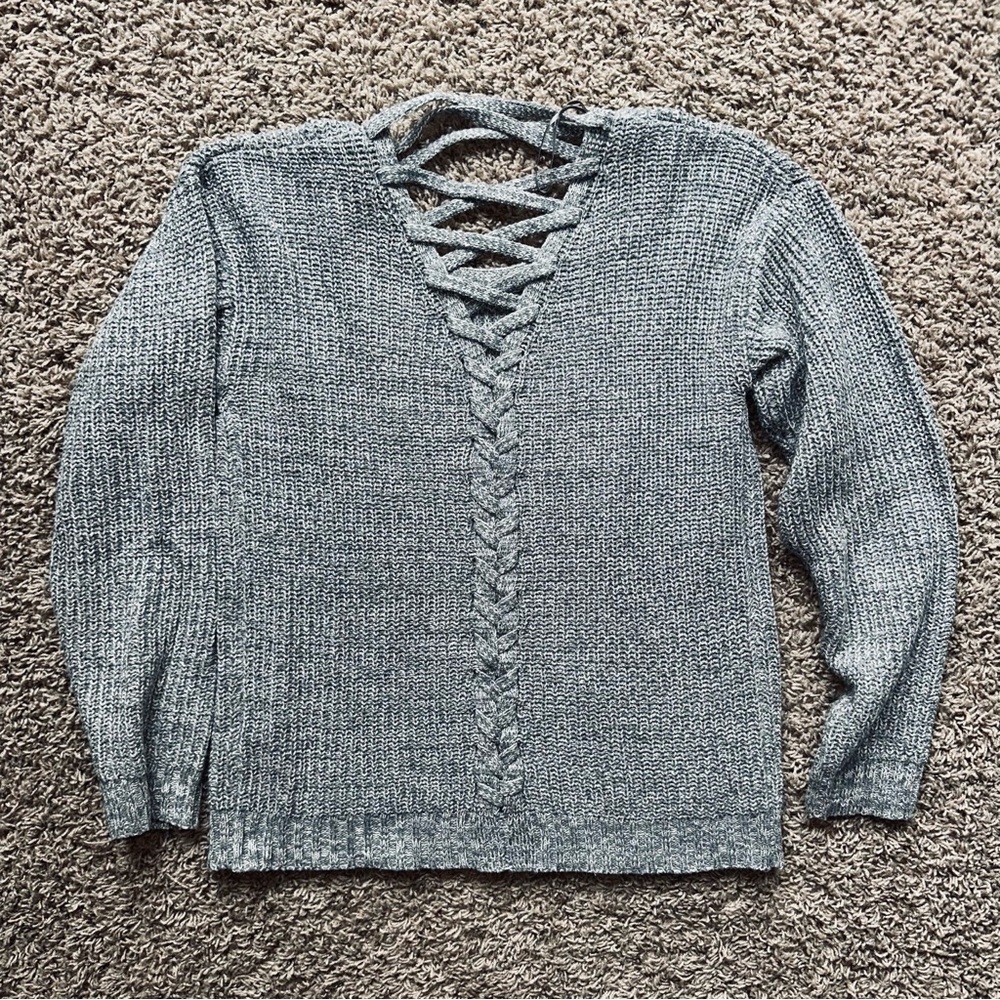 Gray Criss Cross Back Women's Sweater Heavy Warm Thick Large Neutral L Top - Picture 4 of 7